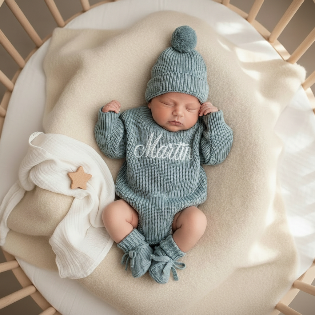 Conjunto de Pelele Para Bebé con Nombre Bordado Personalizado Tejido 100% Agodón