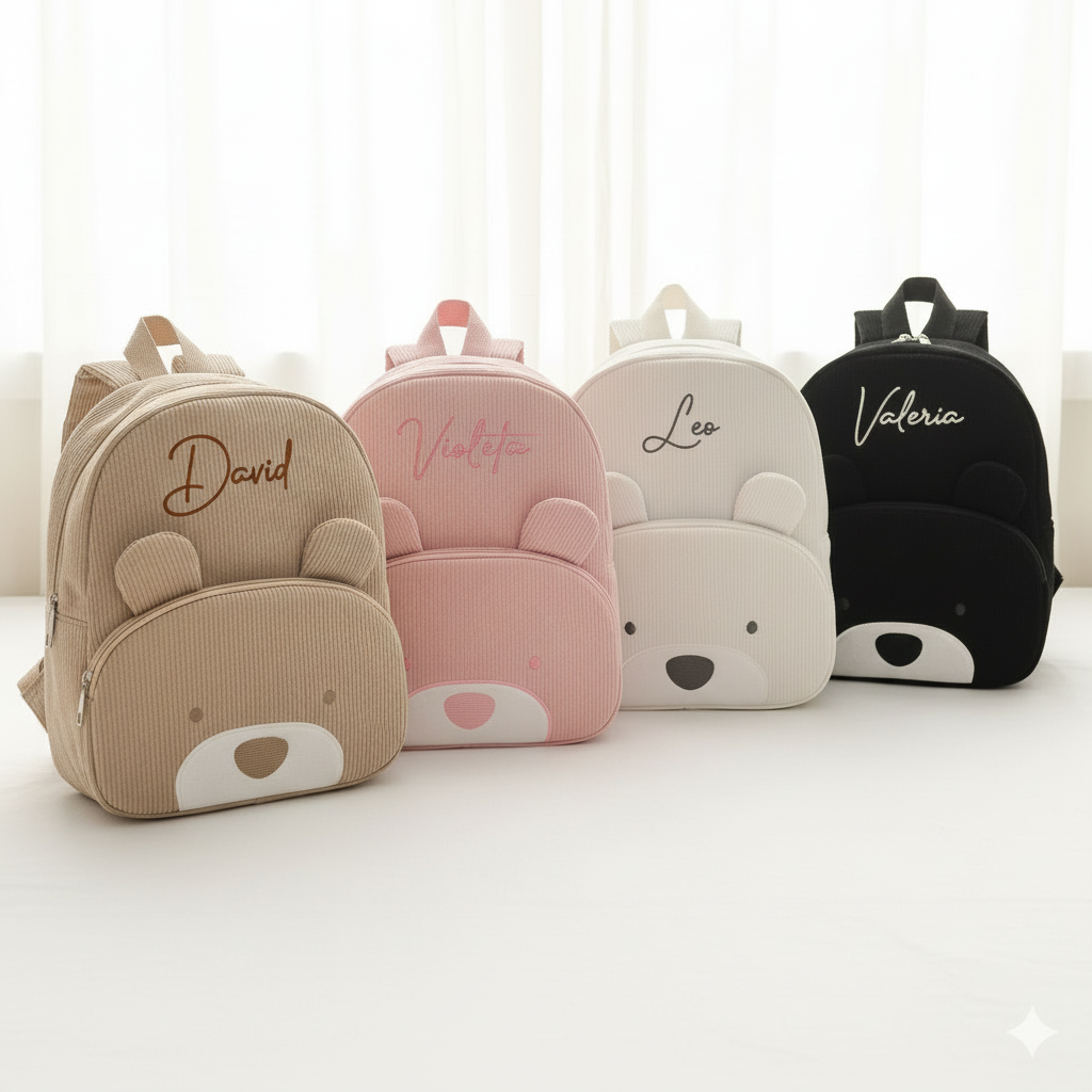 Mochila Infantil de Pana con Lindo Oso Personalizable