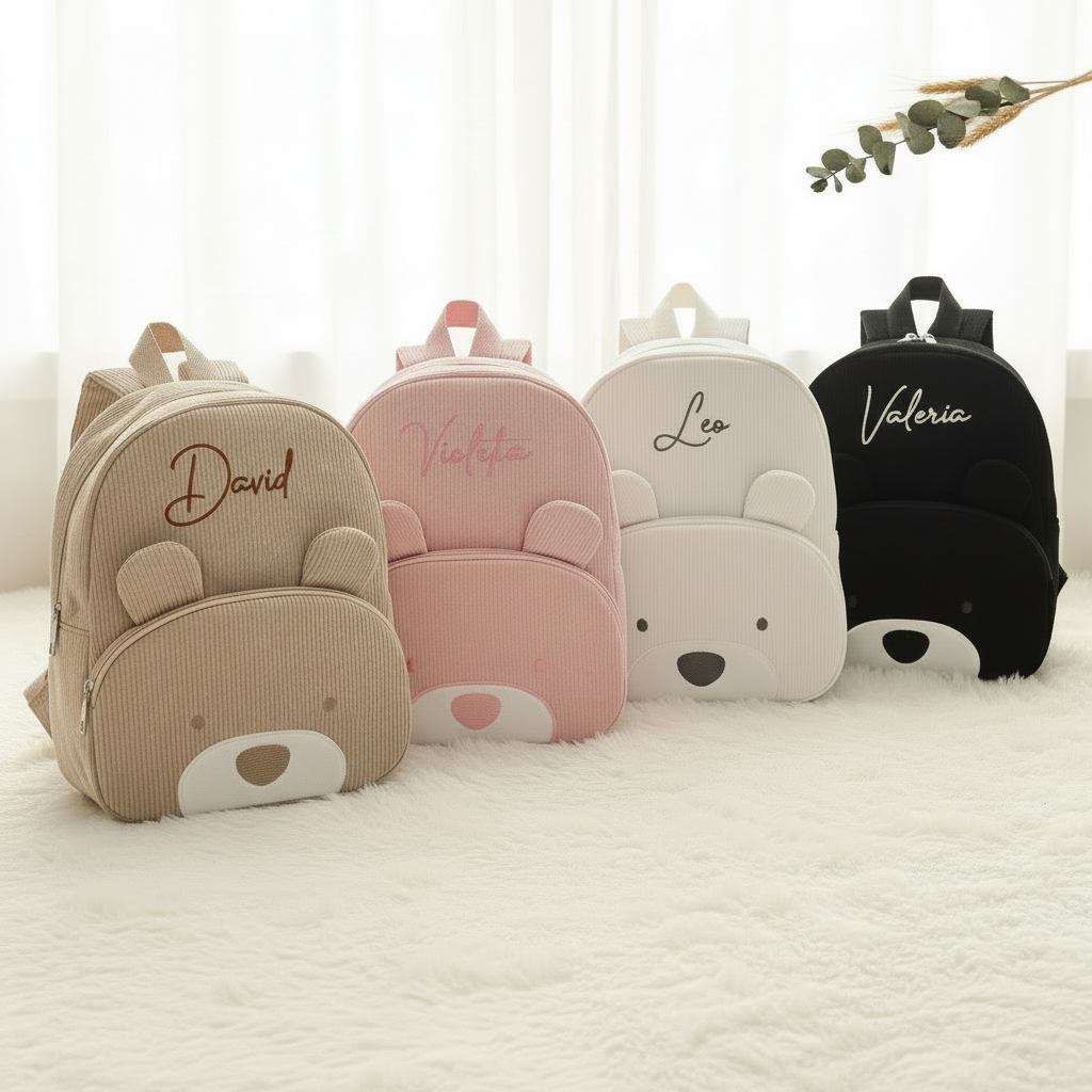 Mochila Infantil de Pana con Lindo Oso Personalizable