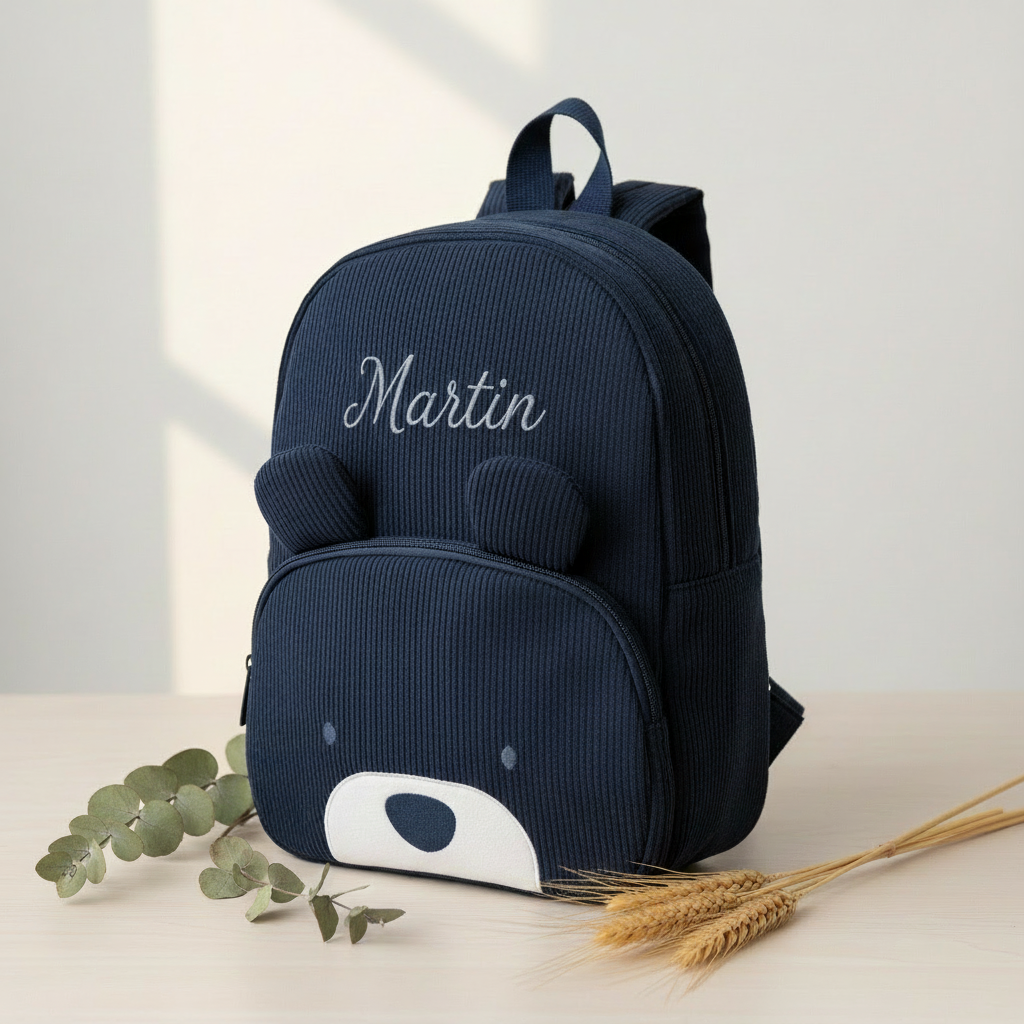 Mochila Infantil de Pana con Lindo Oso Personalizable