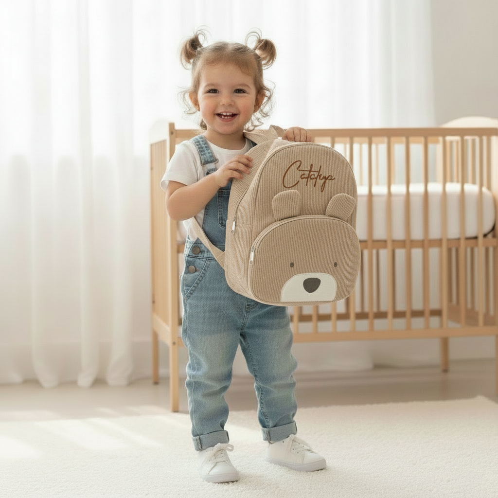 Mochila Infantil de Pana con Lindo Oso Personalizable