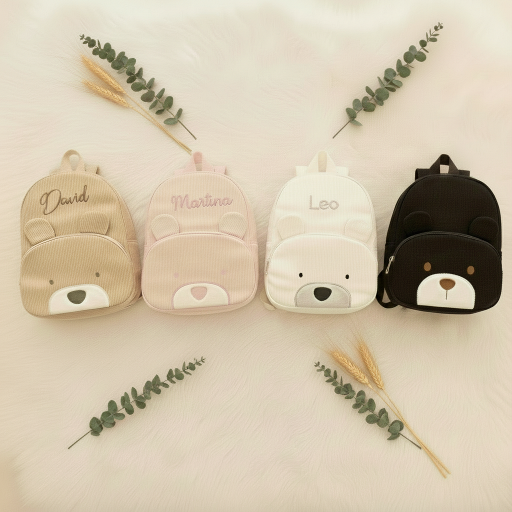 Mochila Infantil de Pana con Lindo Oso Personalizable