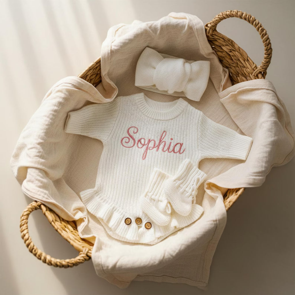 Conjunto Pelele de Bebé de punto de algodón personalizado para niña con nombre bordado