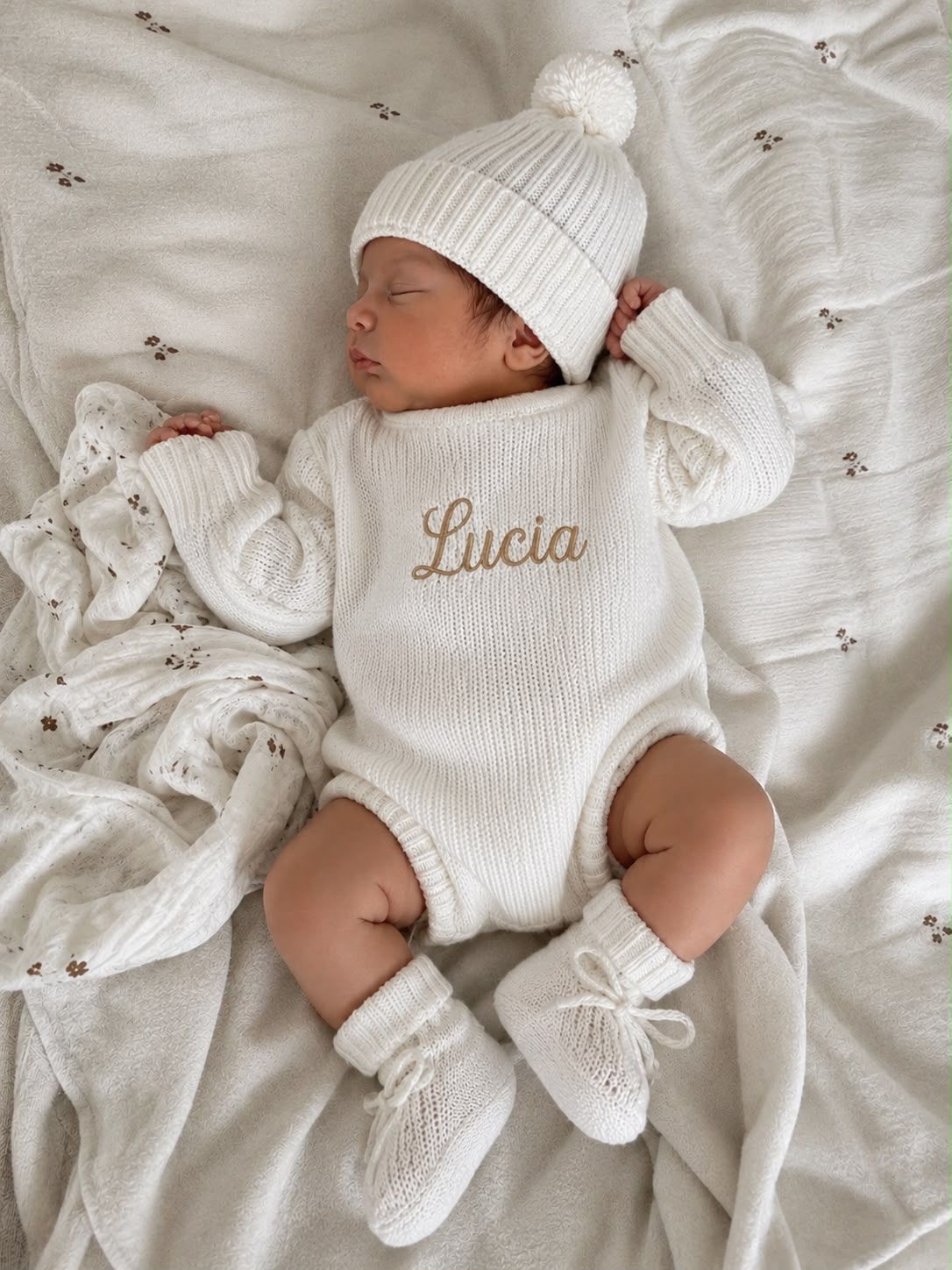 Bebé con conjunto de punto blanco personalizado Lucía