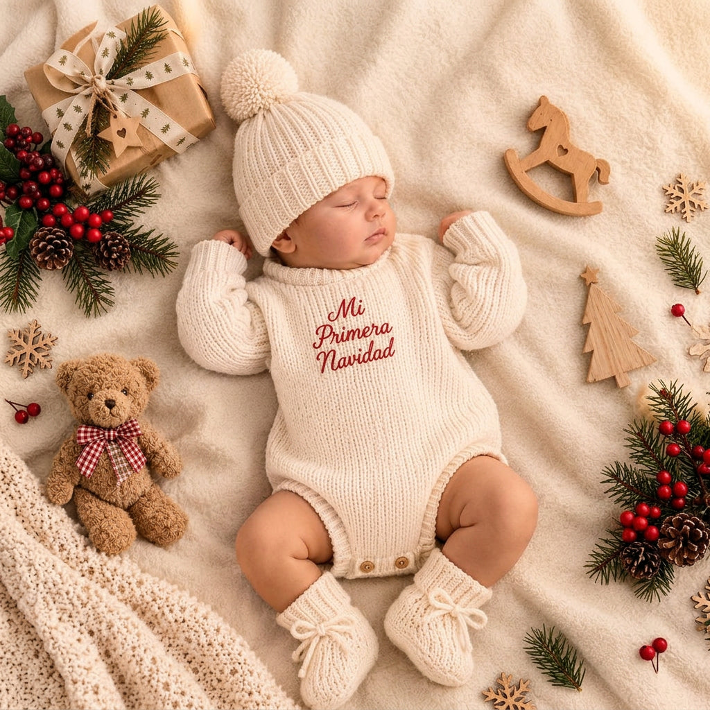 Bebé con pelele Mi Primera Navidad para sus fotografías navideñas