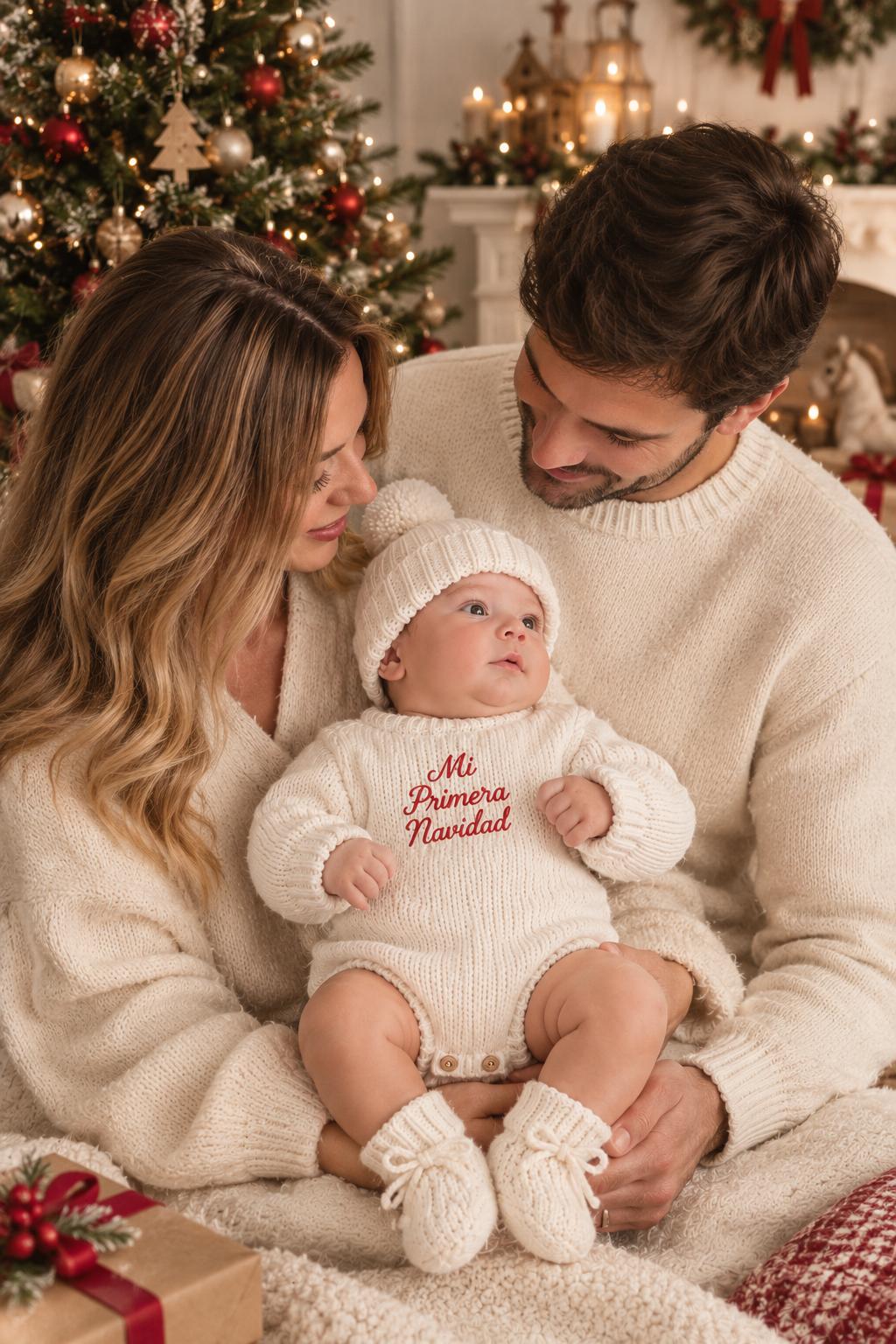 Familia celebrando la primera Navidad de su bebé